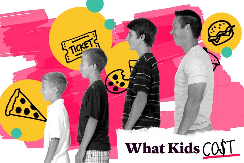 Collage of four boys with drawings of pizza, tickets, and a hamburger.